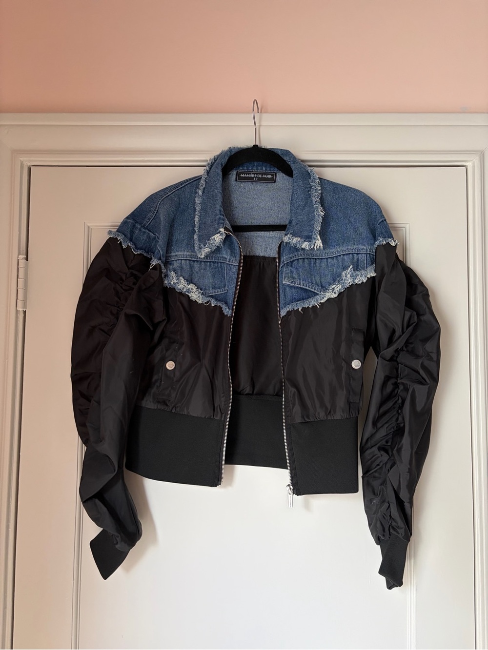 Maniere De Voir Black and Blue Mixed-Media Denim Bomber Jacket